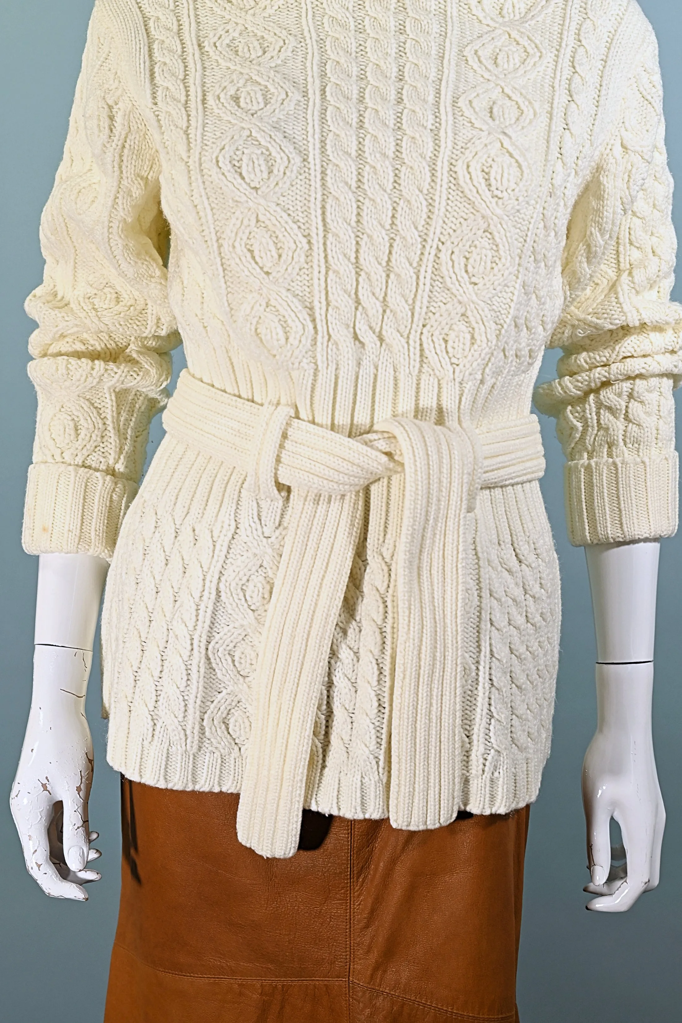 SOLD Vintage 70s Cream Turtleneck Belted Sweater, Acrylic Cable Knit Sweater M