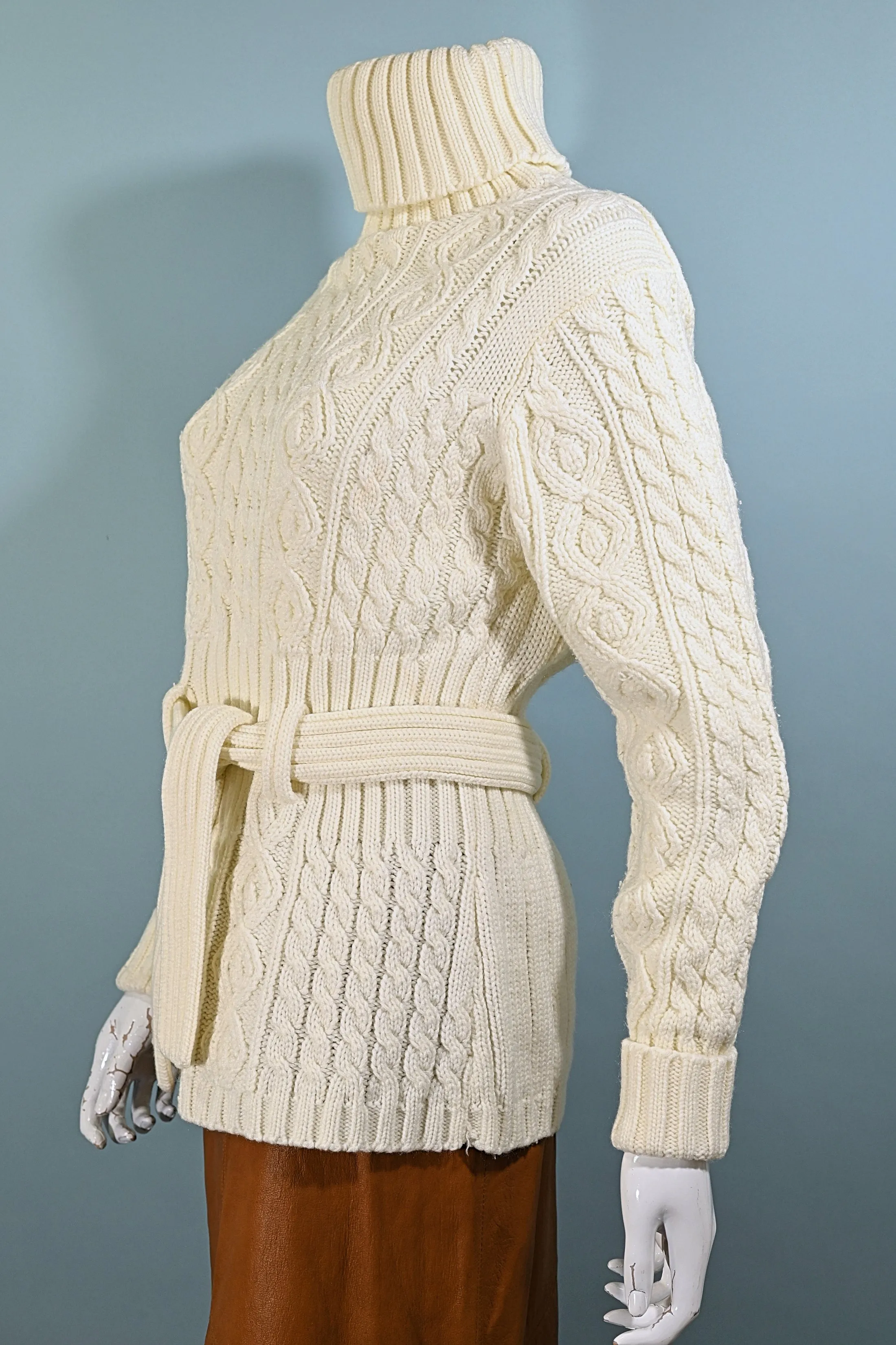 SOLD Vintage 70s Cream Turtleneck Belted Sweater, Acrylic Cable Knit Sweater M