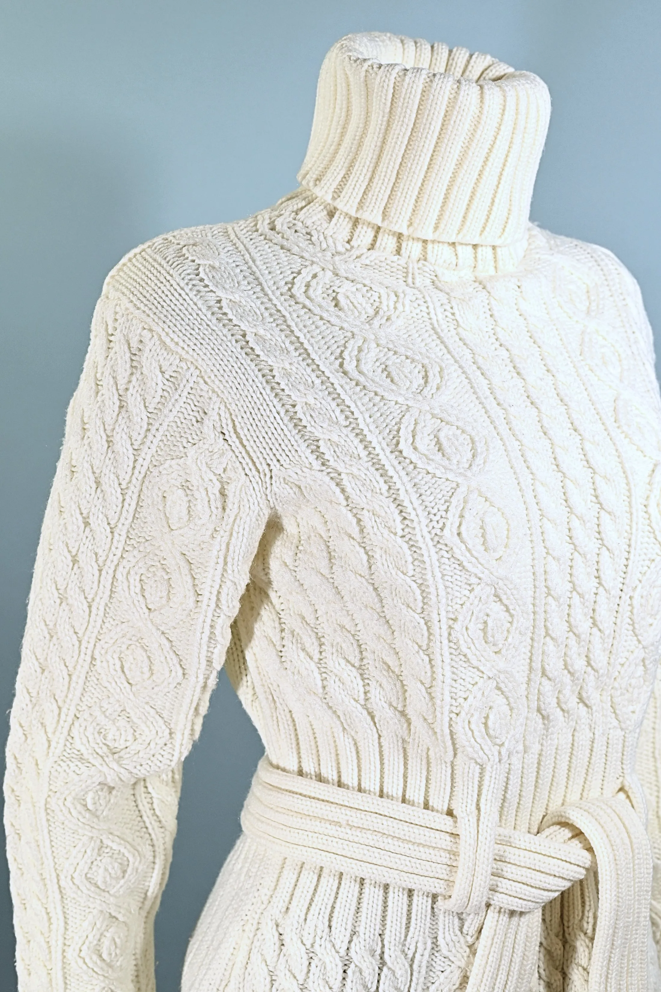 SOLD Vintage 70s Cream Turtleneck Belted Sweater, Acrylic Cable Knit Sweater M