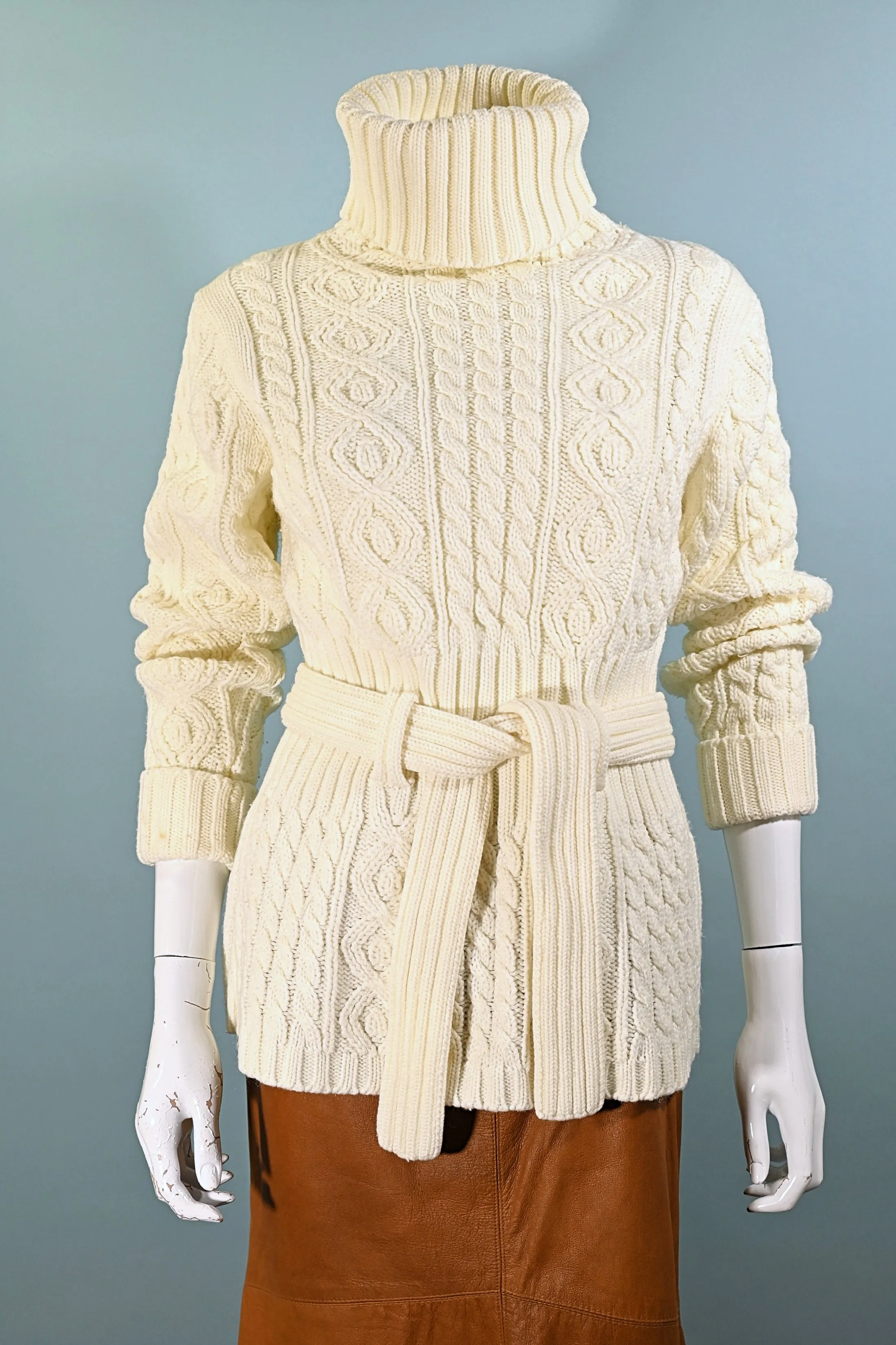 SOLD Vintage 70s Cream Turtleneck Belted Sweater, Acrylic Cable Knit Sweater M