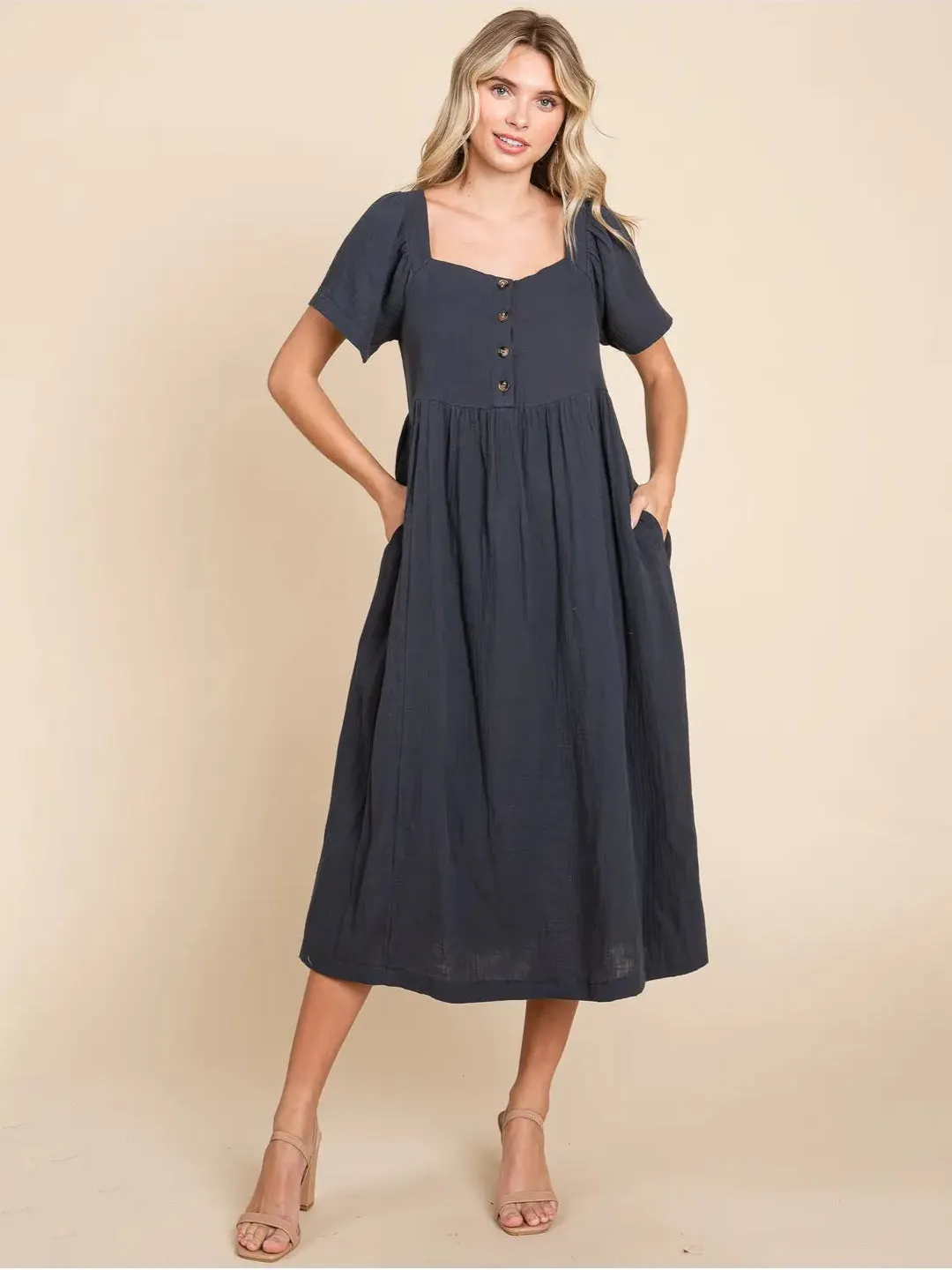 Square Neck Cotton Midi Dress In Orion Blue