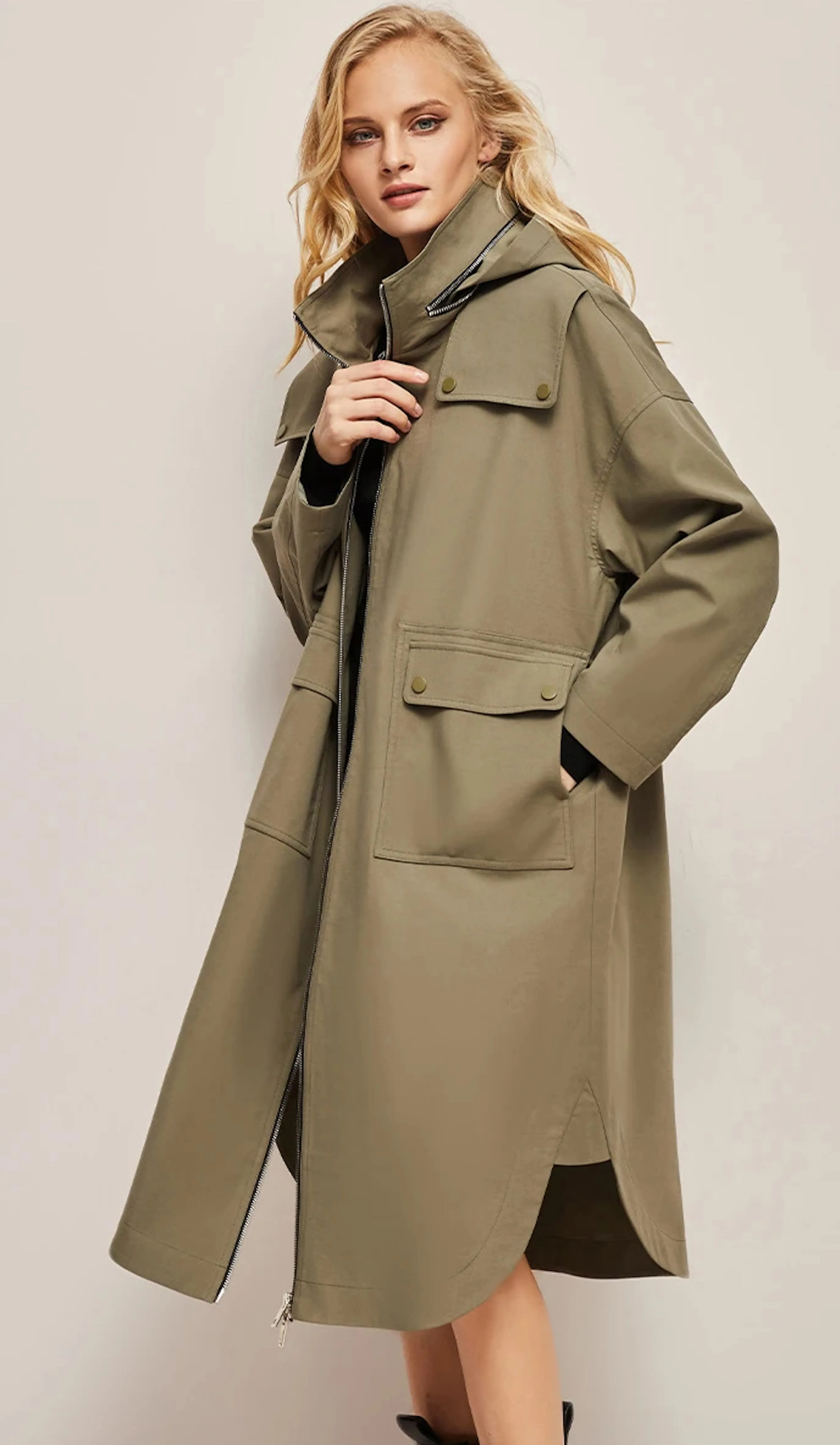 Straight Tube Silhouette Windbreaker Medium Long Hooded Trench Coat