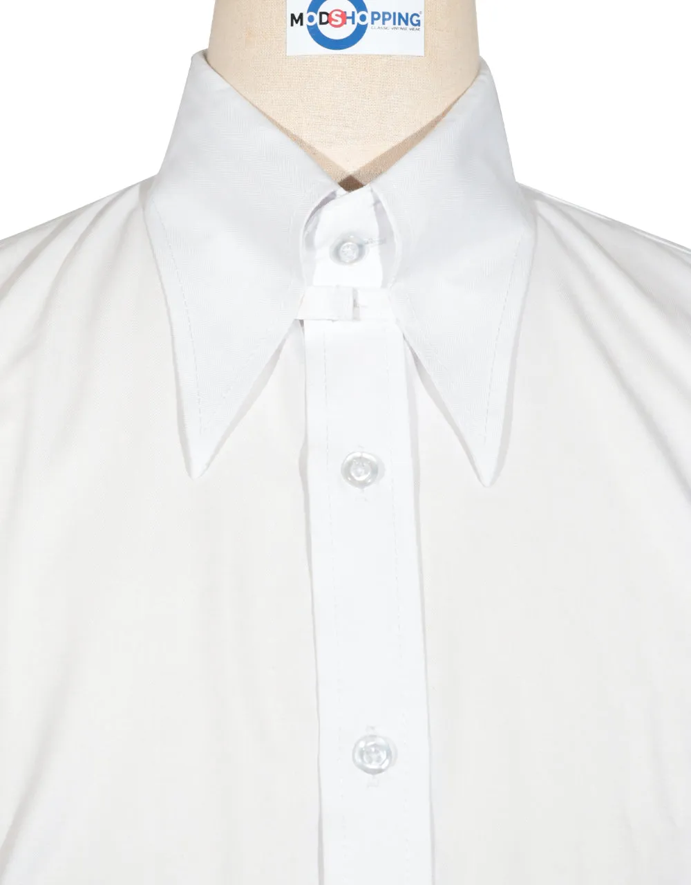 Tab Collar Shirt | White Herringbone Tab Collar Shirt