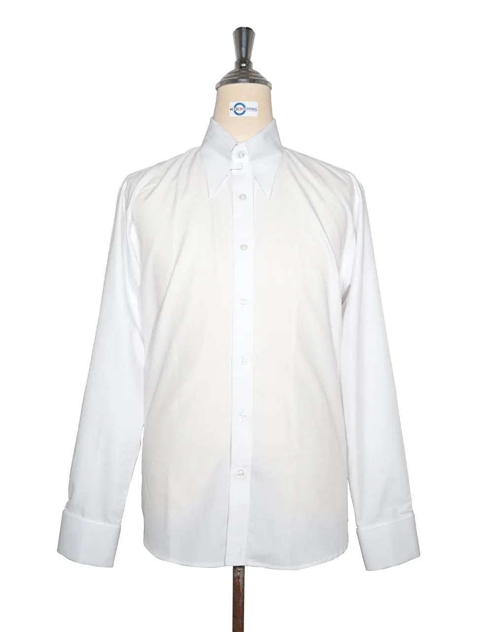 Tab Collar Shirt | White Herringbone Tab Collar Shirt