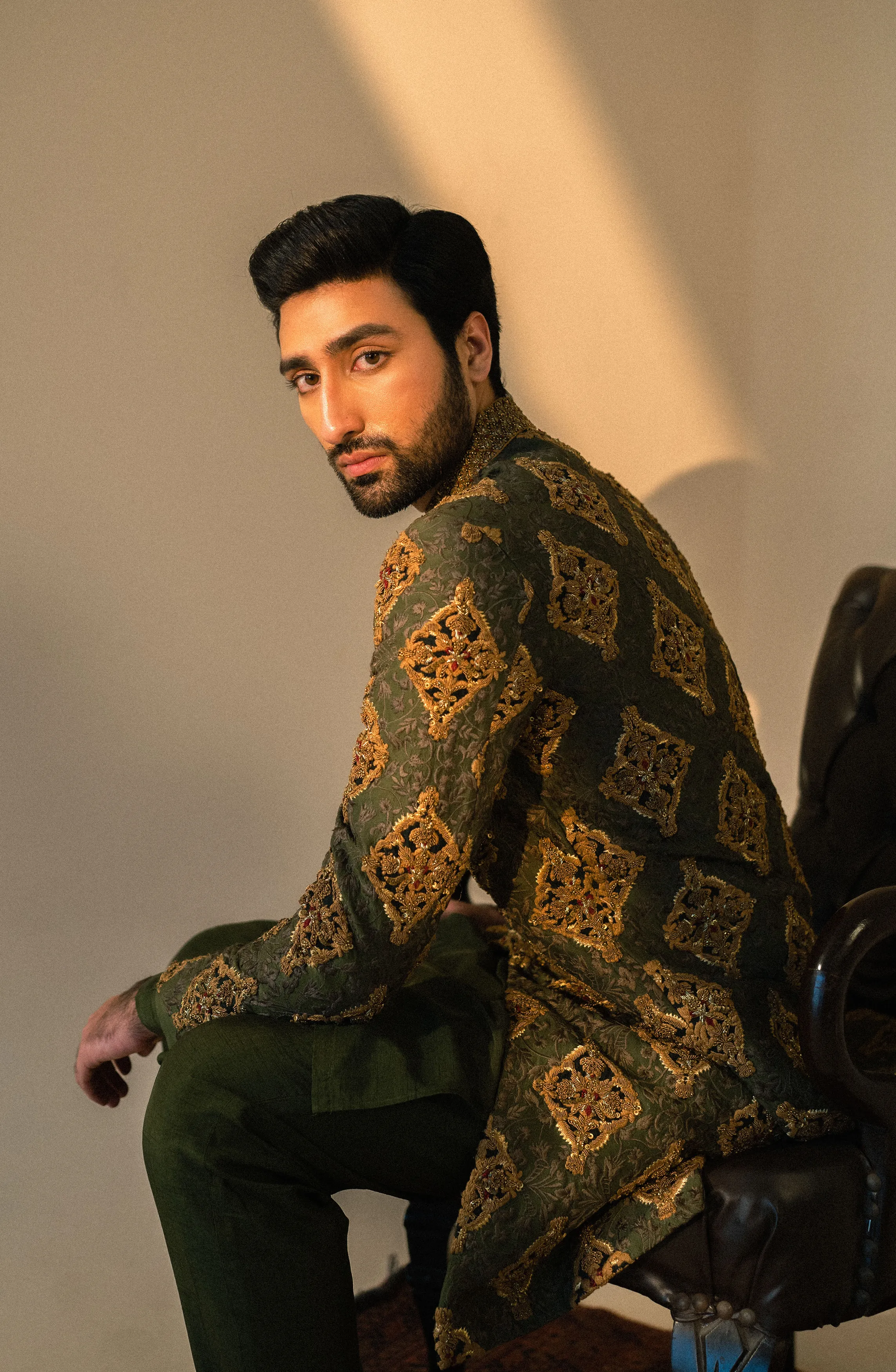 Tassawur - Olive Green Silk Sherwani Paired with Kurta and Pants