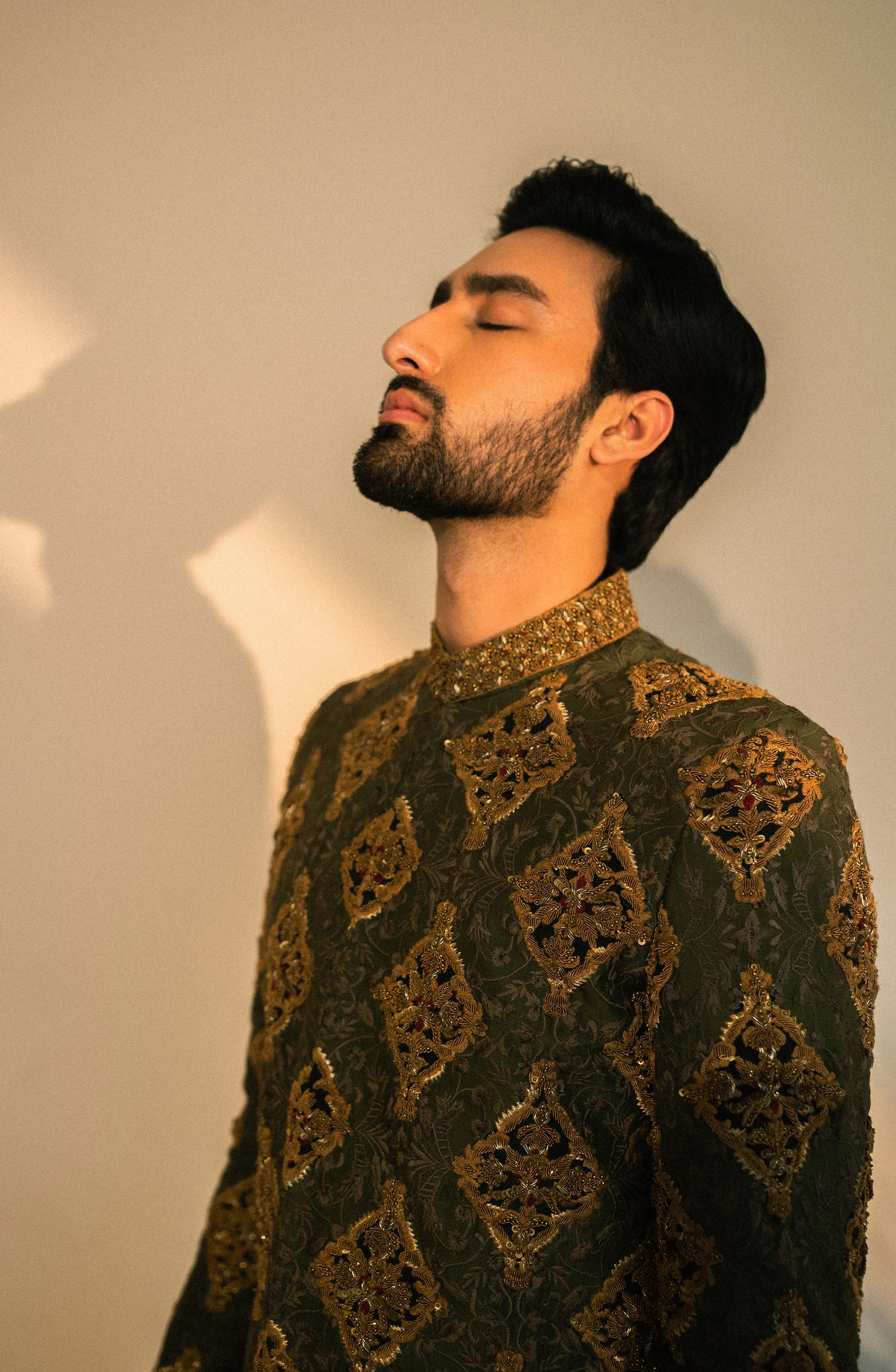 Tassawur - Olive Green Silk Sherwani Paired with Kurta and Pants