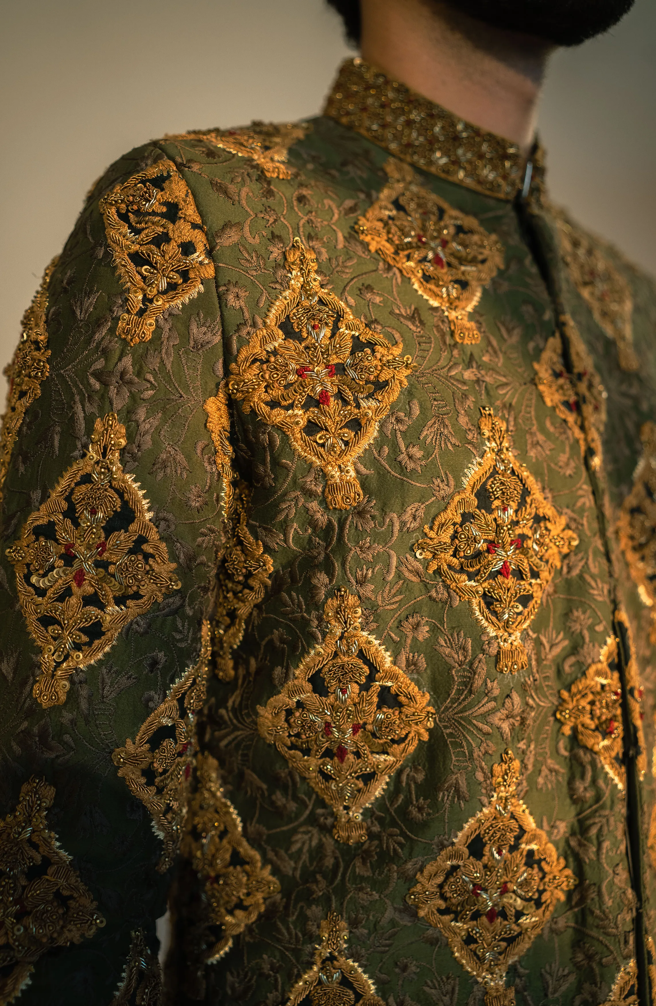 Tassawur - Olive Green Silk Sherwani Paired with Kurta and Pants