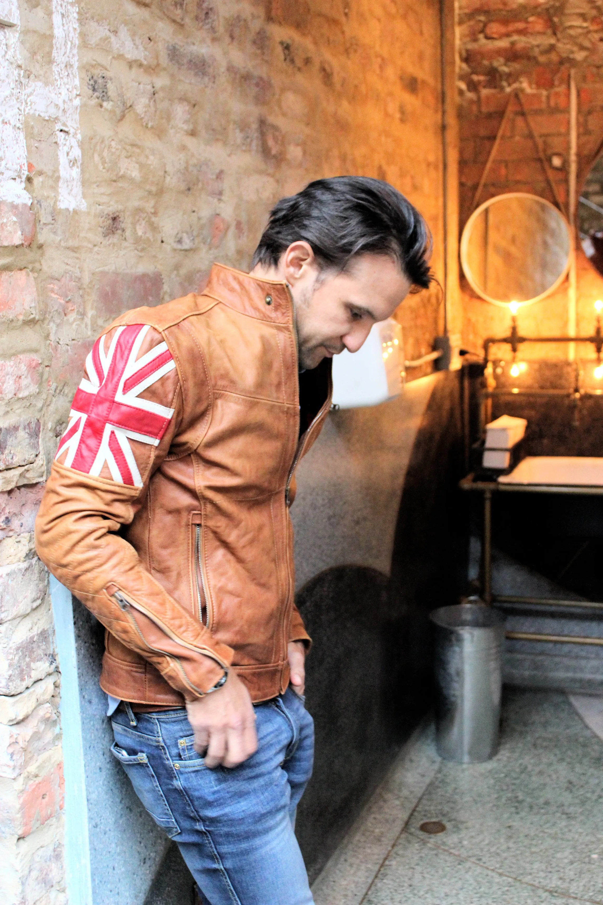 UNION JACK Leather Jacket in Brown Color British Flag Cafe Racer- Limited Ed