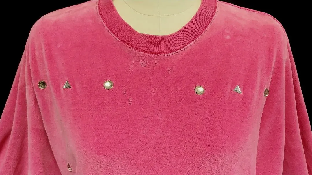 *VINTAGE CHAUS HOT PINK PRONG-SET RHINESTONE STUDDED VELOUR TOP