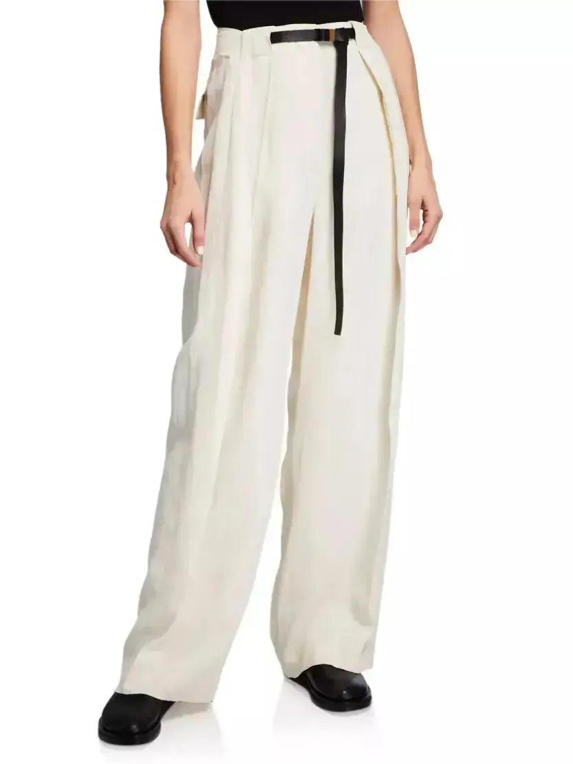 Women’s Belted High-Rise Silk and Linen-Blend Pants