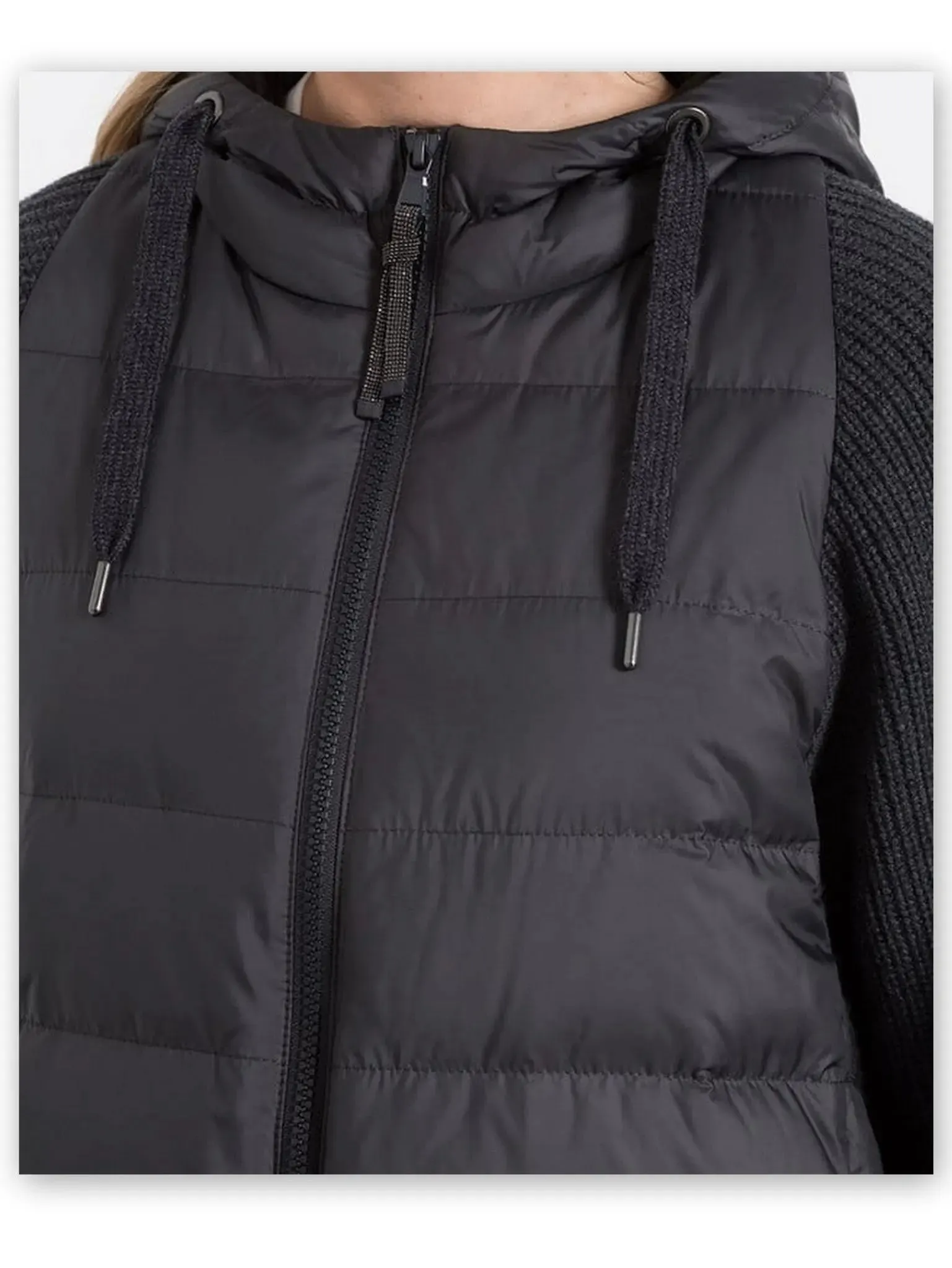 Women’s Black Ribbed-Knit Padded Vest-Jacket with Hood