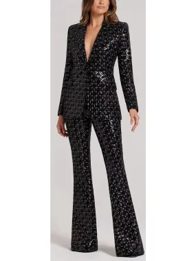 Women’s Black Sequin-Embellished Single-Breasted Fitted Jacket and Flared Pant Suit