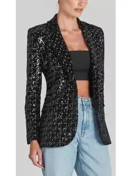 Women’s Black Sequin-Embellished Single-Breasted Fitted Jacket and Flared Pant Suit