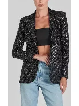 Women’s Black Sequin-Embellished Single-Breasted Fitted Jacket and Flared Pant Suit