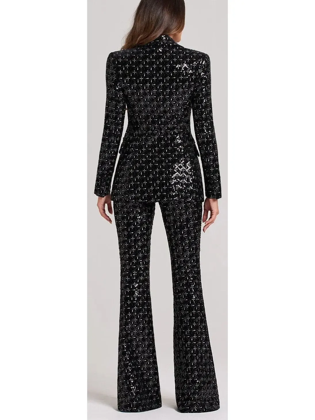 Women’s Black Sequin-Embellished Single-Breasted Fitted Jacket and Flared Pant Suit