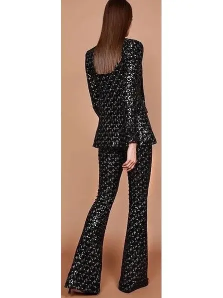 Women’s Black Sequin-Embellished Single-Breasted Fitted Jacket and Flared Pant Suit