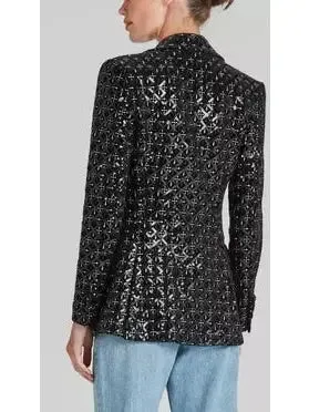 Women’s Black Sequin-Embellished Single-Breasted Fitted Jacket and Flared Pant Suit