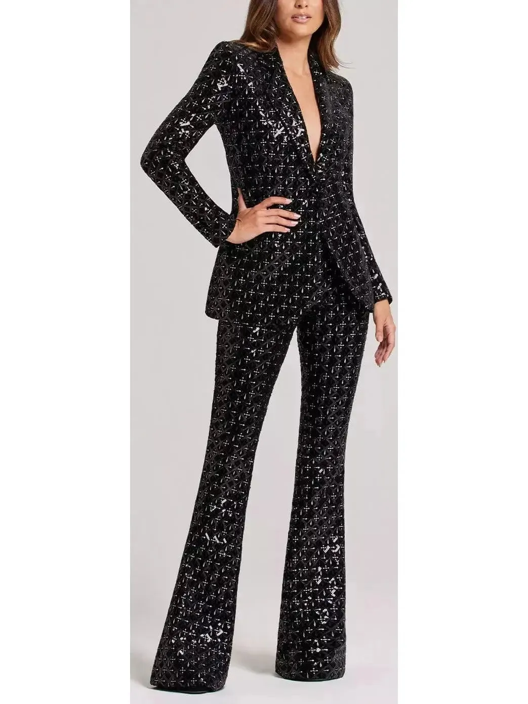 Women’s Black Sequin-Embellished Single-Breasted Fitted Jacket and Flared Pant Suit