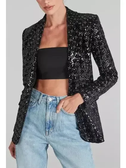 Women’s Black Sequin-Embellished Single-Breasted Fitted Jacket and Flared Pant Suit