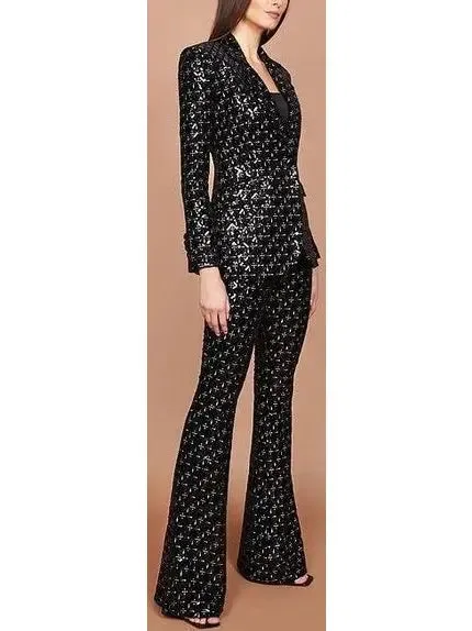 Women’s Black Sequin-Embellished Single-Breasted Fitted Jacket and Flared Pant Suit