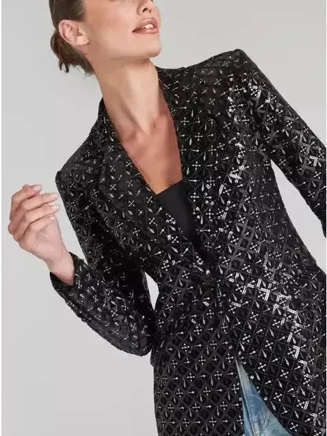 Women’s Black Sequin-Embellished Single-Breasted Fitted Jacket and Flared Pant Suit