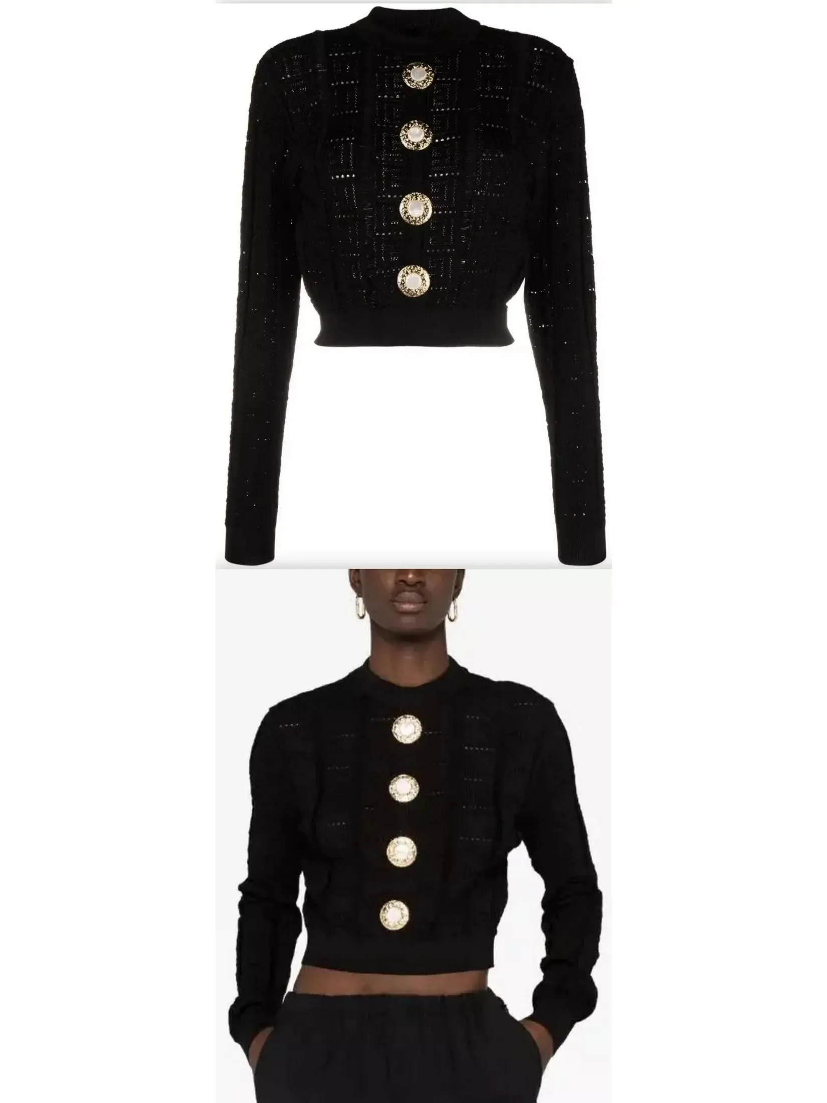 Women’s Button-Embellished Black Cropped Sweater