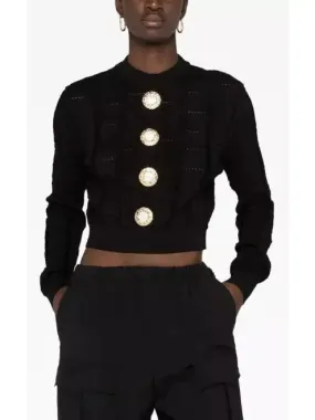 Women’s Button-Embellished Black Cropped Sweater