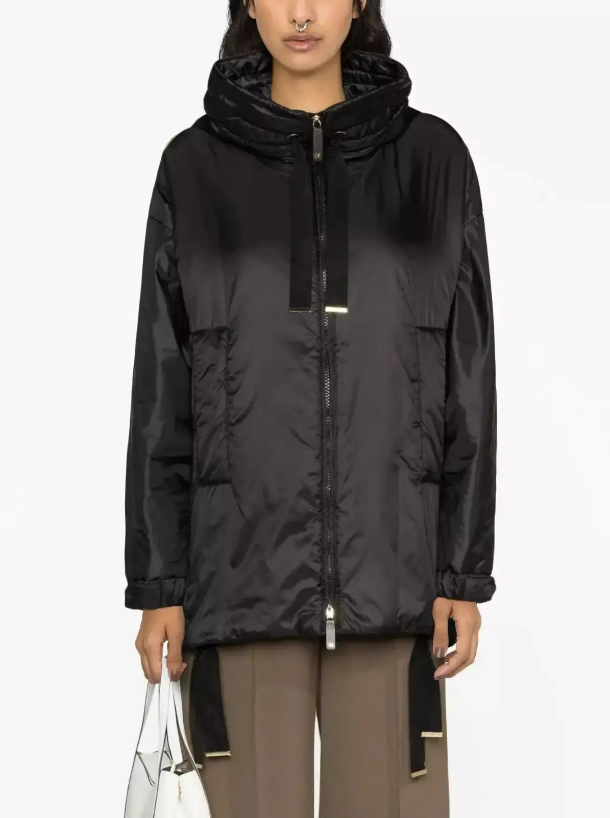 Women’s Drawstring Hooded Padded Jacket in Black