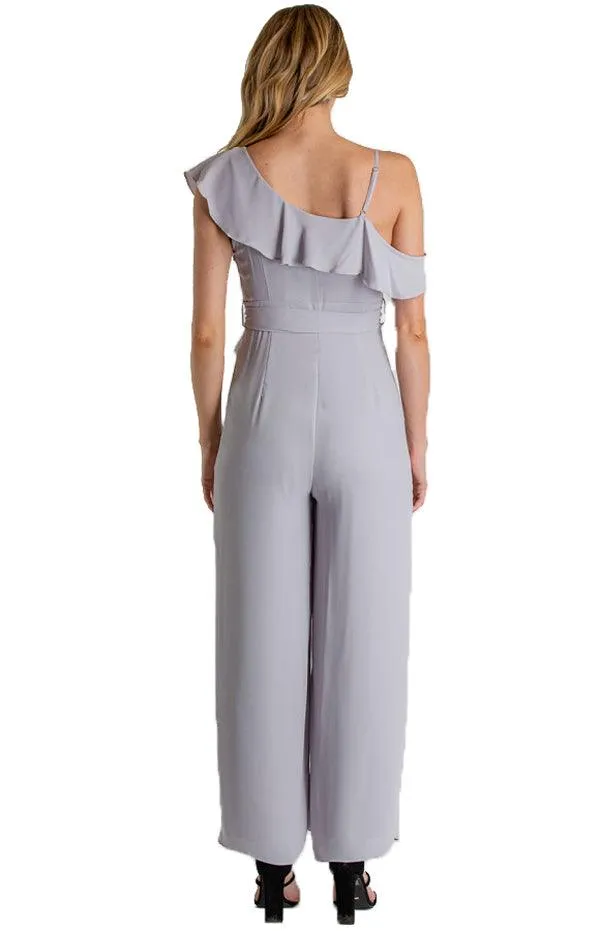 Women's Grey Asymmetrical Neckline Jumpsuit with Ruffle Detail