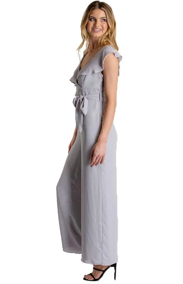 Women's Grey Asymmetrical Neckline Jumpsuit with Ruffle Detail