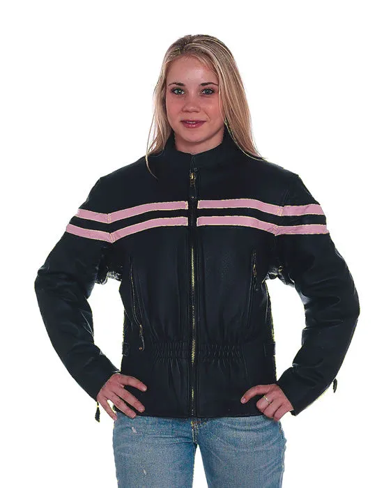 Women's Leather Racer Jacket With Stripes - Pink