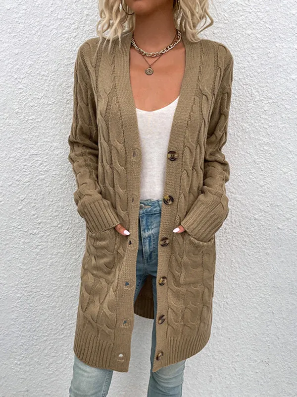 Women's Solid Colour Chunky Cable Knit Longline Button Front Cardigan