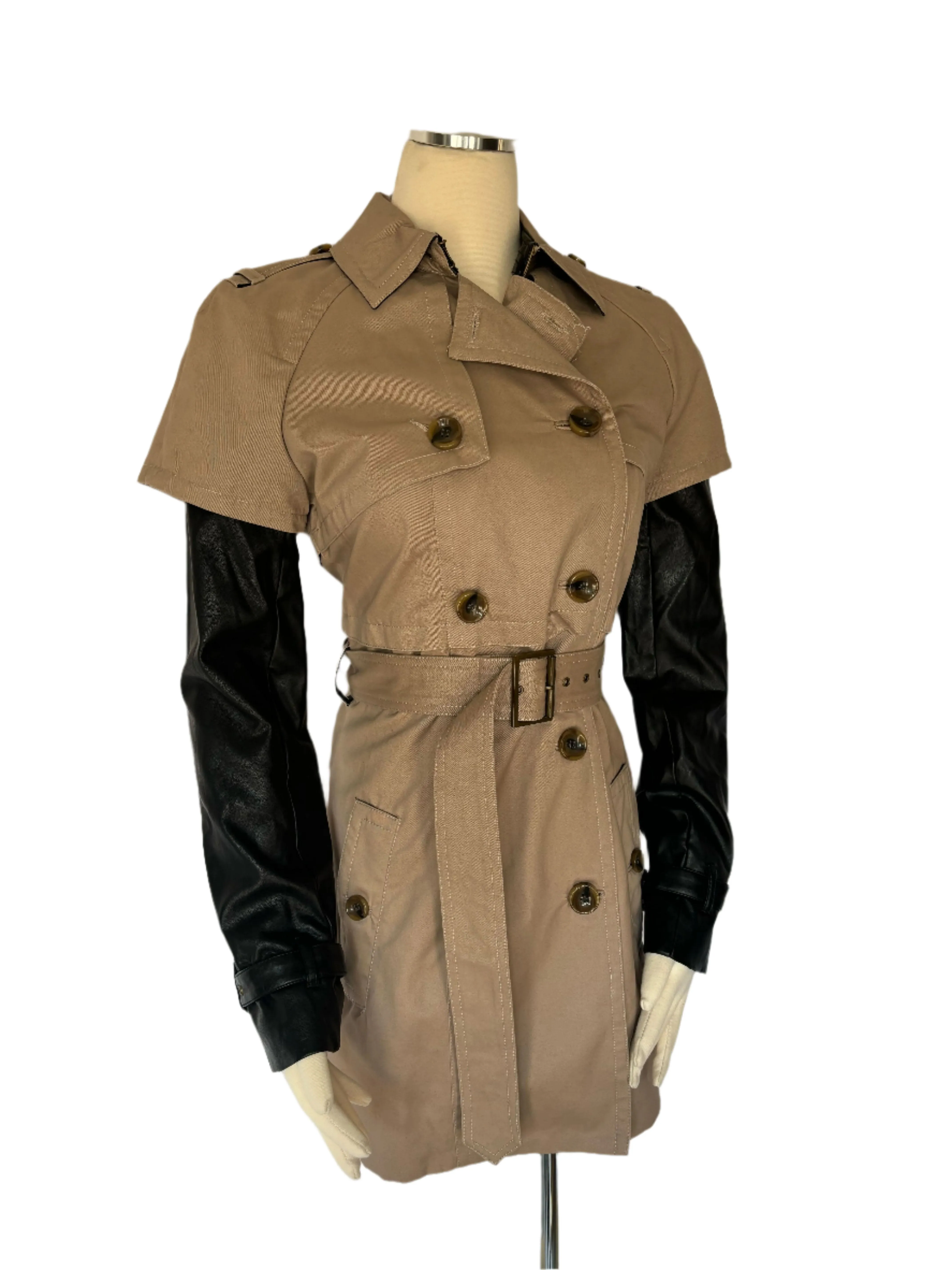 Women's Trench Coat With Faux Black Leather Sleeves